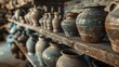 A workshop, creative store, or industrial startup with pottery backgrounds and shelves. Clay design, gathering, and display in workshop, small business, and retail craft store stock creation