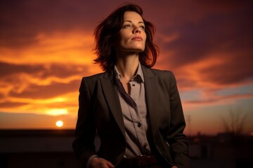 Wall Mural - Portrait of a glad woman in her 40s wearing a professional suit jacket isolated in vibrant sunset horizon