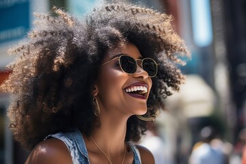 Wall Mural - Portrait of a cheerful afro-american woman in her 30s wearing a trendy sunglasses while standing against busy urban street