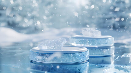 2 stacks mockup of  Blue Ice Podium, crystal clear, front view focus, amidst a Snowy Winter, magical and serene for cool tone products, banner for advertising