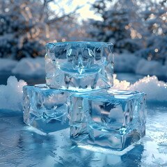 2 stacks mockup of  Blue Ice Podium, crystal clear, front view focus, amidst a Snowy Winter, magical and serene for cool tone products, banner for advertising