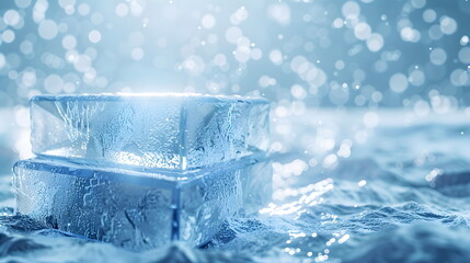 2 stacks mockup of  Blue Ice Podium, crystal clear, front view focus, amidst a Snowy Winter, magical and serene for cool tone products, banner for advertising