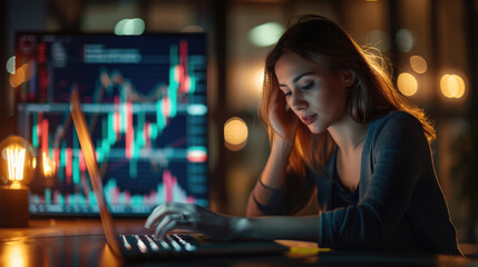 Wall Mural - A woman sitting at her laptop, surrounded by stock market charts and graphs on the screen, focused in deep thought as she reads about rising stock prices
