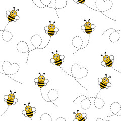 Wall Mural - Cute flying bees with dotted path seamless pattern. Cartoon bees with big eyes. Vector illustration.