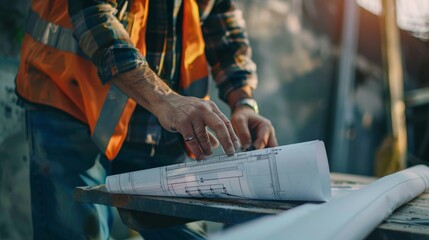 Wall Mural - An architect reviewing blueprints on a construction site