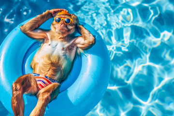 Wall Mural - Monkey rests on a yellow inflatable ring in a pool, sporting sunglasses and basking in the summer warmth. Aerial view,copy cpace. Vacation and summer holidays theme.