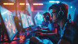 A team of young male esports athletes intensely focused during a competitive gaming event, illuminated by colorful lights.