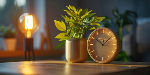 Wall Mural - modern alarm clock and houseplant on bedside table. ai generated