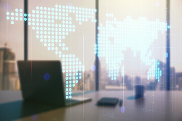 Wall Mural - abstract creative world map and modern desktop with computer on background, international trading co