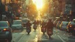 Group of People Riding Motorcycles Down a Street. Generative AI