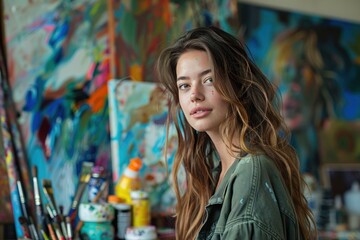 Wall Mural - A woman with long hair stands in front of a wall of paintings