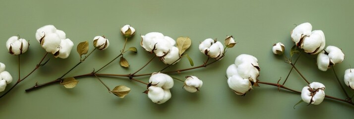 Wall Mural - A beautiful sprig of cotton on a green background, a place for text. Delicate white cotton flowers.