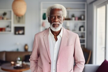 Wall Mural - Portrait of a content afro-american man in his 80s wearing a chic cardigan in front of modern minimalist interior