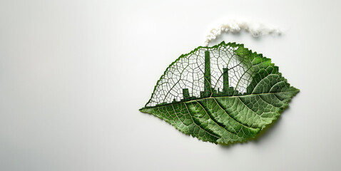 Wall Mural - A leaf with an industrial plant cut out on it, environmental impact or global warming by depicting air pollution from industry concept