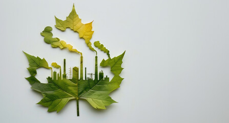 Wall Mural - A leaf with an industrial plant cut out on it, environmental impact or global warming by depicting air pollution from industry concept