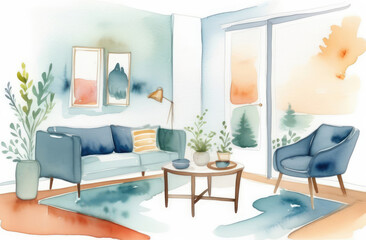 cozy living space with trendy decor - stylish comfortable home interior, watercolor illustration