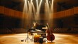 © OMD - A grand piano, drums, and double bass set up on stage in an empty concert hall with dramatic lighting.