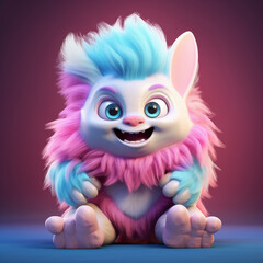 Poster - An adorable 3D cartoon model of a small monster with fluffy fur, a red nose, and small teeth is smiling with a friendly and innocent face.
