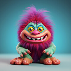 Wall Mural - An adorable 3D cartoon model of a small monster with fluffy fur, a red nose, and small teeth is smiling with a friendly and innocent face.