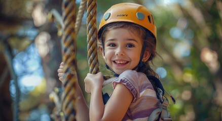 Wall Mural - Cute girl smiling and wearing a helmet, climbing on a rope in an adventure park. Concept of a family activity, outdoor sport or trekking activities for kids.