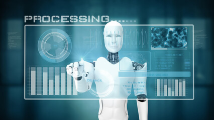 MLP 3d illustration Futuristic robot, artificial intelligence CGI big data analytics and programming. Robotic man 3D render animation. 3D illustration.