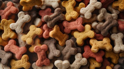 Wall Mural - Close-up view of multicolored dog biscuits in bone shapes, displayed in abundance.