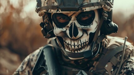 Close up of special forces soldier face with scary skull mask AI generated image