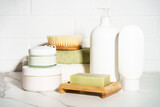 Fototapeta  - Natural cosmetic products, beauty product in the bathroom on white background.