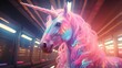 © Ai Stock Lab - Fantasy meets reality, a unicorn at a subway station, close-up, ambient lighting, high angle, pastel color palette, Psychedelic funk art style