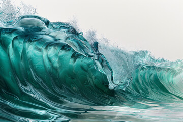 A bold wave of deep teal, featuring a gradient that fades into a clear, glass-like texture, evoking the depth and richness of tropical seas, captured in