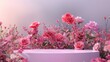 Pink roses and flowers on a pink platform against a white background.