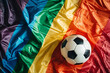Soccer football ball on an LGBTQ gay pride rainbow flag