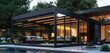 Modern glass pavilion with a black frame, large window, sofa and table inside the gazebo, pool outside, white outdoor furniture around, minimalist style house