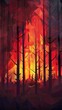 Abstract forest in red hues depicting a wildfire. Fiery and fierce