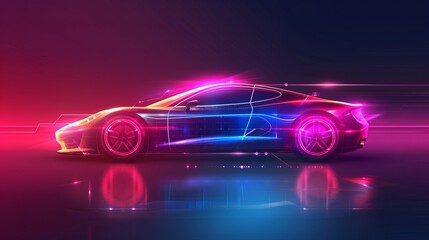 Wall Mural - abstract vector illustration of a futuristic neon-glowing concept car silhouette, suitable for banne