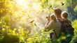 young explorers use binoculars to observe a colorful bird, immersed in the vibrant foliage of a dense forest. AIG41