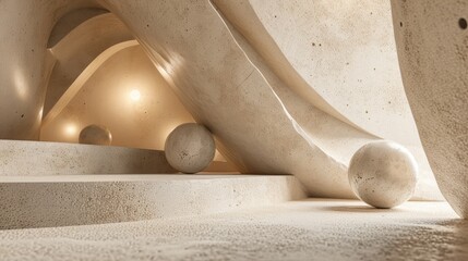 Wall Mural - 3D Abstract beige architecture geometric harmonious composition of spheres and a staircase concrete in the room background. beige empty interior curved room