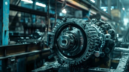 Canvas Print - A detailed view of a complex engine part in a bustling industrial setting, showcasing mechanical prowess.