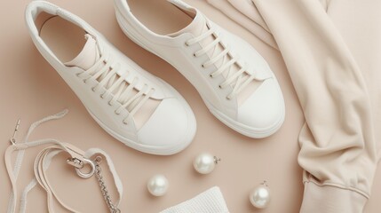 Wall Mural - Elegant fashion layout with white sneakers, pearls, and a soft beige sweater on a pale pink background.