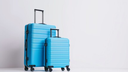 Wall Mural - Two bright blue hard-shell suitcases with retractable handles against a white background.