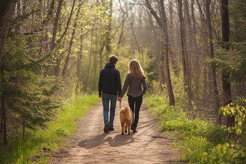 couple with a dog walks on spring park, back view. ai generated