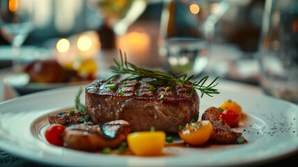 Wall Mural - steak grilled with fresh ingredients well flavor on beautiful plate, served on restaurant table background for meals, dinner, lunch for delicious food theme