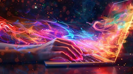 Glowing Fingers Typing on a Luminous Laptop Keyboard in a Cosmic Digital Realm