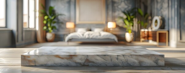 Wall Mural - Blank Marble Stone Table in Front of Blurred Bedroom Interior for Attractive Product Presentations