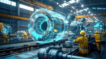 Wall Mural - futuristic digital holographic interface in an advanced industrial factory
