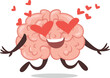 Happy cartoon brain in love with heart eyes funny comic mascot vector flat illustration