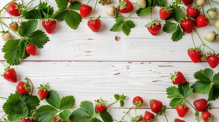 Wall Mural - Fresh ripe strawberries scattered with lush leaves on a white wooden background with copy space.