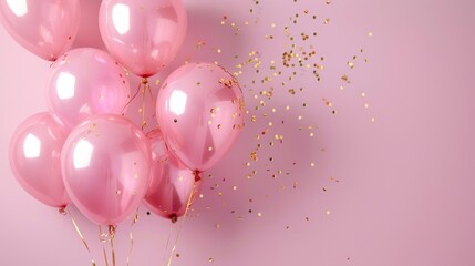 Pink balloons with gold confetti on a pink background.