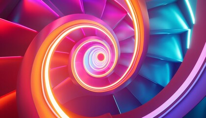 A neon spiral staircase leading upwards into a vortex of light and color, perfect for a surreal and dreamlike scene 