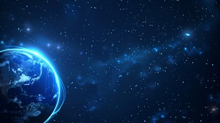 Wall Mural - Deep blue vector backdrop featuring Earth with abstract technological rings orbiting around it, representing global communication systems and satellites in motion.